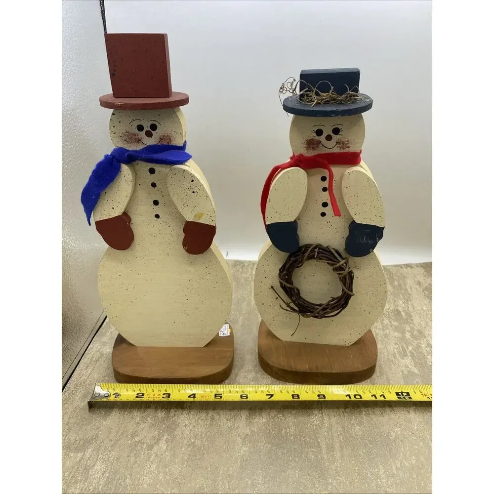 Mr & Mrs Snowman 13 Inches Tall Made Of Wood, Hand Painted